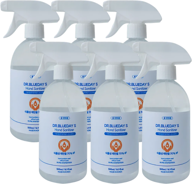 닥터블루데이에스 뿌리는 손소독제 알콜 스프레이 대용량 hand sanitizer 500ml, 6개, 500g