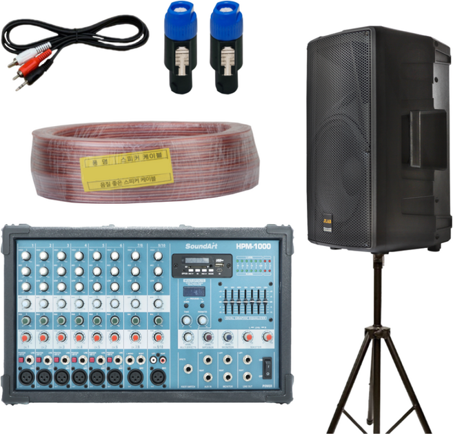 12인치 패시브스피커 + 파워드 믹서 800W + 스피커선 + 스피커스탠드 세트 스피닝 헬스장 GX룸 음향기기 패키지, 1개, 25M(36심)