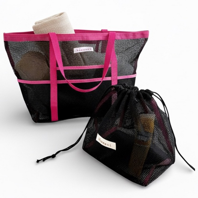 배온니 자체제작 2in1 지퍼 망사가방 비치백 물놀이 텀블러 가방