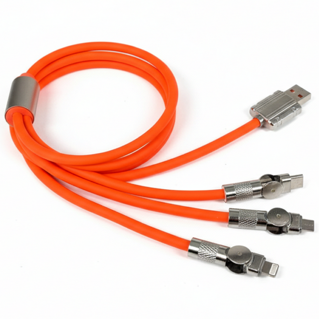 키넬 180도 회전 3in1 고속 충전 케이블, 1개, 오렌지, 2m