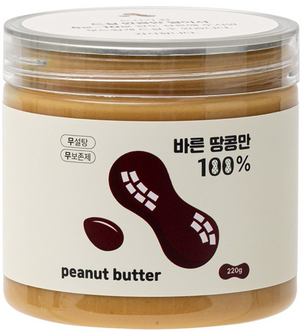 그린과수원 바른땅콩만 100% 피넛잼 무보존제 무가당 수제 땅콩버터 백퍼센트, 220g, 1개