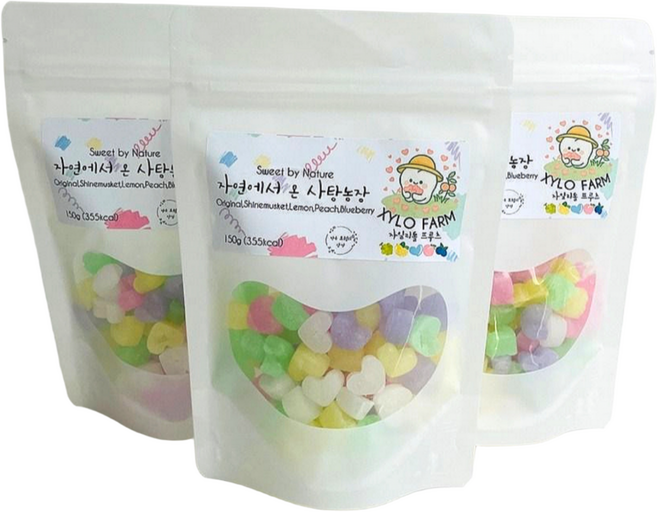 자일로팜 자일리톨 캔디 수제 하트 사탕 5가지맛 레몬 복숭아 블루베리 샤인머스캣 오리지널 혼합 무설탕 유아 어린이 충치예방 리필용, 3개, 150g