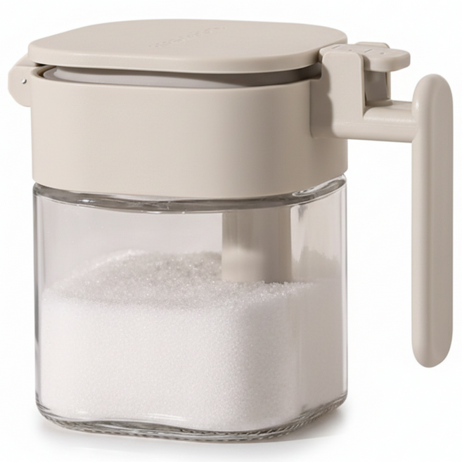 防潮玻璃調味罐 400ml 勺倉分離 三重密封, 1個, 米灰色【400ml】-防潮加厚玻璃