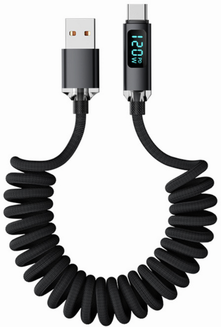 Bolt Wave C타입 고속 충전 케이블 스프링 디지털 100w, 1개, 블랙, 2m