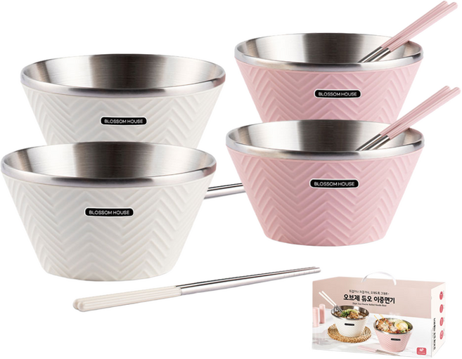 냉온OK! 블라썸 스텐 라면 냉면 비빔밥 그릇 면기 포케볼 세트 8P(+젓가락포함), 1개