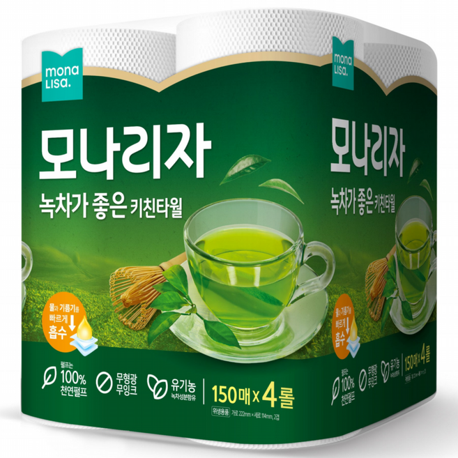 모나리자 녹차가 좋은 천연펄프 키친타올 150매, 1개, 4롤