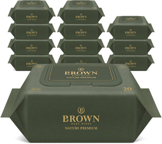 브라운 네이처 프리미엄 도톰한 아기 물티슈 엠보싱 저자극 캡형, 75g, 20매, 12개