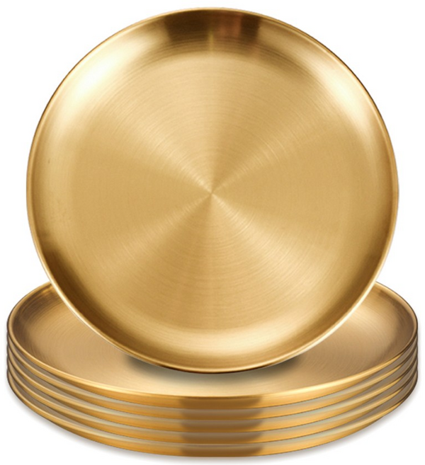 BUZOO 무광 스텐레스 접시 원형 스텐 원형 접시 스텐레스 원형 접시 세트, 골든, 6개