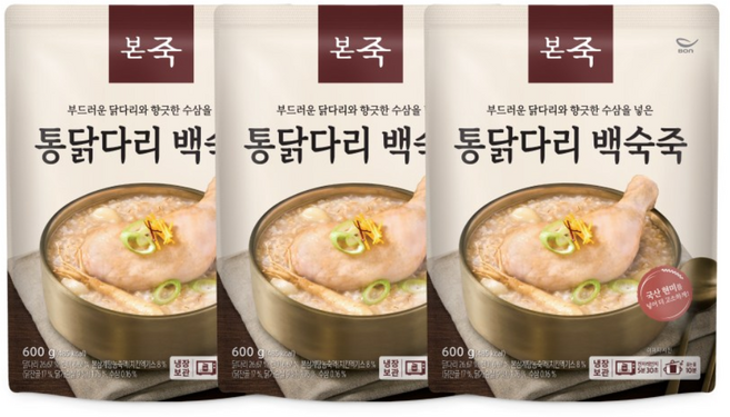 [본죽] 냉장 통닭다리 백숙죽 3팩(T), 3개, 600g