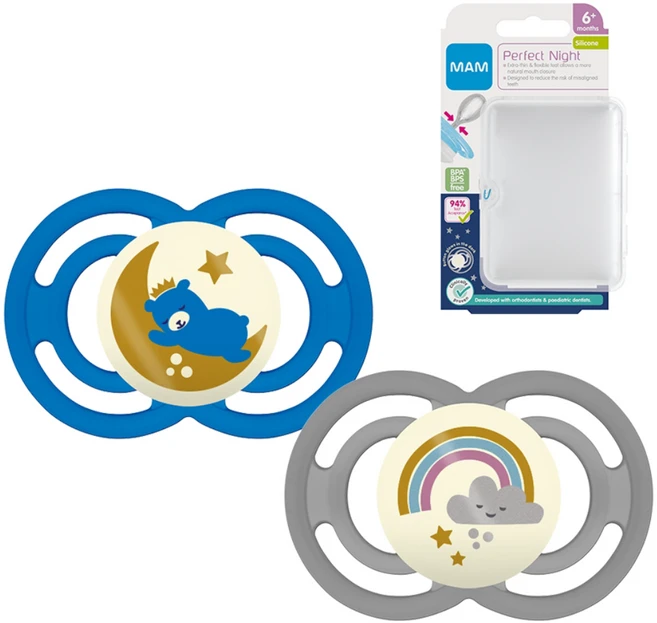 맘베이비 퍼펙트나이트 치아발달 실리콘 쪽쪽이 2p+간편세척 케이스 블루 그레이, 6개월, 1세트 - 쿠팡