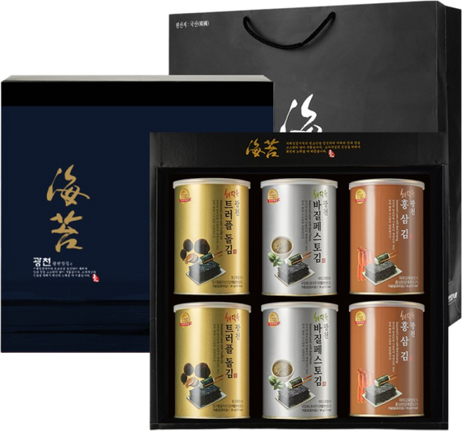 명품 해달음 광천 트러플 아보카도유 홍삼 재래김 도시락캔김 고급 답례품 쇼핑백포함 6캔 선물세트, 3세트