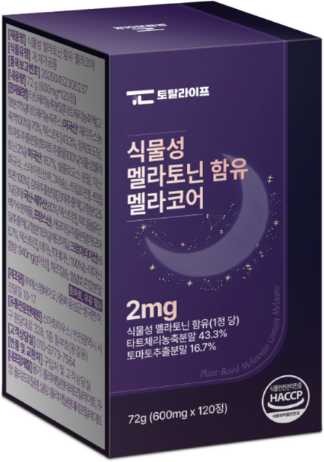 토탈라이프 식물성 멜라토닌 함유 멜라코어 2mg 4개월분, 1개, 120정