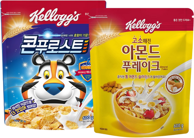 켈로그 시리얼 콘푸로스트 600g + 아몬드 푸레이크 600g, 1세트, 1.2kg