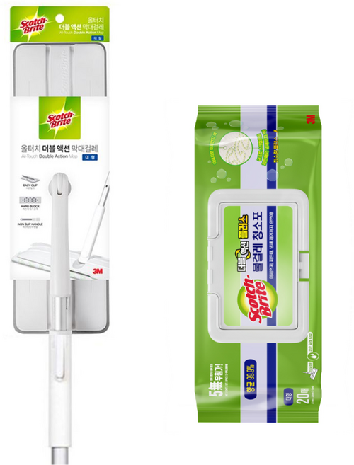 3M 스카치브라이트 올터치 더블액션 막대걸레 대형+물걸레청소포 대형 20매+훅걸이, 1세트