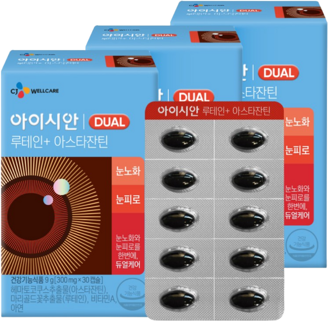 CJ웰케어 아이시안 루테인 아스타잔틴, 30정, 300ml, 300g, 눈물개선/눈건강, 3개