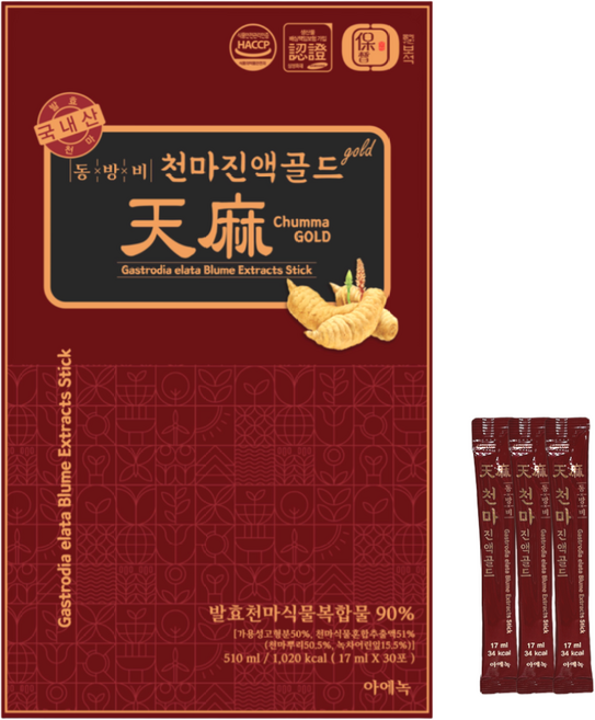 HACCP 인증 국내산 무주 천마 천마즙 진액골드 엑기스 스틱 17ml 30포 1박스 동방비 아에녹, 1개, 510ml