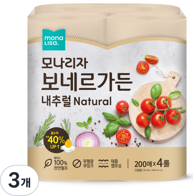 모나리자 무표백 키친타올 보네르가든 내추럴 200매 (빅사이즈), 3개, 4롤