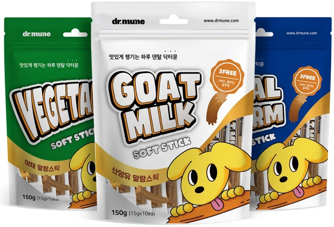 닥터뮨 쿠앙 말랑스틱 3종콤보 (종류별 150g 1팩씩) 소프트 강아지 덴탈껌, 1개 - 쿠팡