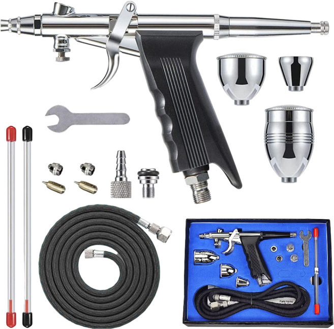 에어브러쉬 스프레이건 세트 0.3mm/0.5mm/0.8mm노즐 도장용 도색용 3cc/7cc/11cc도료컵, 블랙, 1개