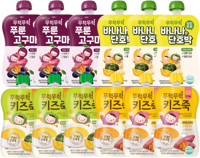 무럭무럭 키즈죽 과일퓨레 알뜰 12팩 (고구마 단호박 바나나단호박 푸룬고구마 각 3팩), 100g