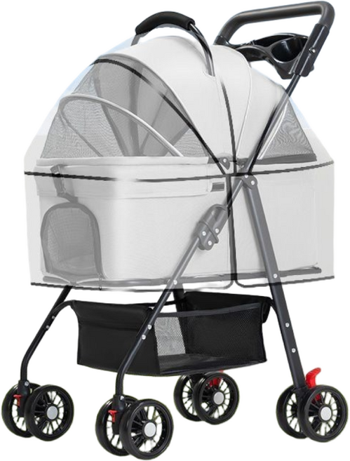 해피유통 접이식 애완동물 유모차 휴대용 애견 유모차 통풍 망사 방수 덮개 다기능 애완견 손수레 LWJ, 그레이, 1개