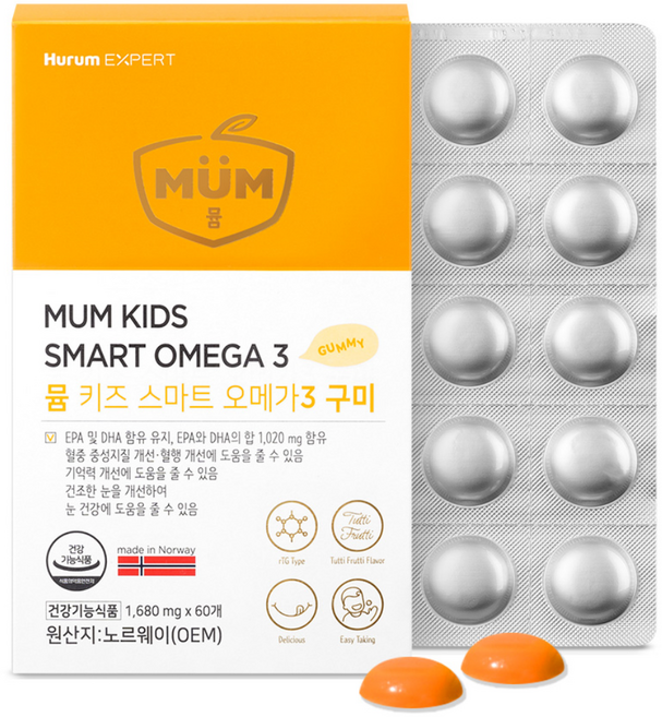 뮴 키즈 스마트 오메가3 구미 EPA+DHA 1 020mg 과일맛 젤리, 1박스, 60정