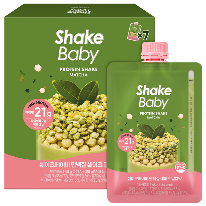 쉐이크베이비 단백질 쉐이크 파우치 말차맛, 45g, 7개