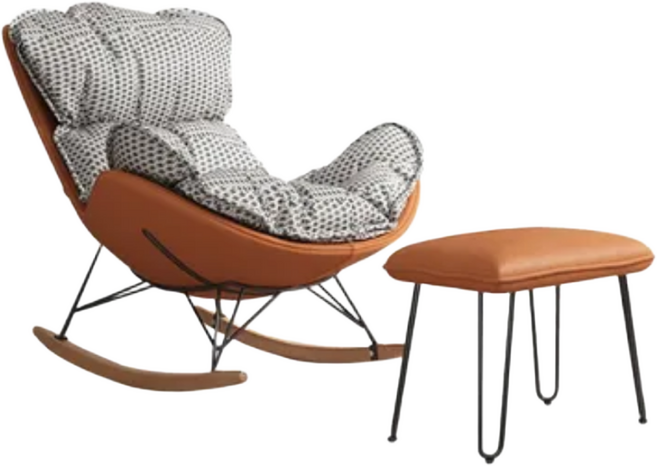 쿠시에 Cushie 포근한 프리미엄 럭셔리 흔들의자 리클라이너 스윙체어 안락의자 북유럽 독서의자 1인쇼파, 1개, 12. 체크 + 오렌지 (풋스툴 포함)