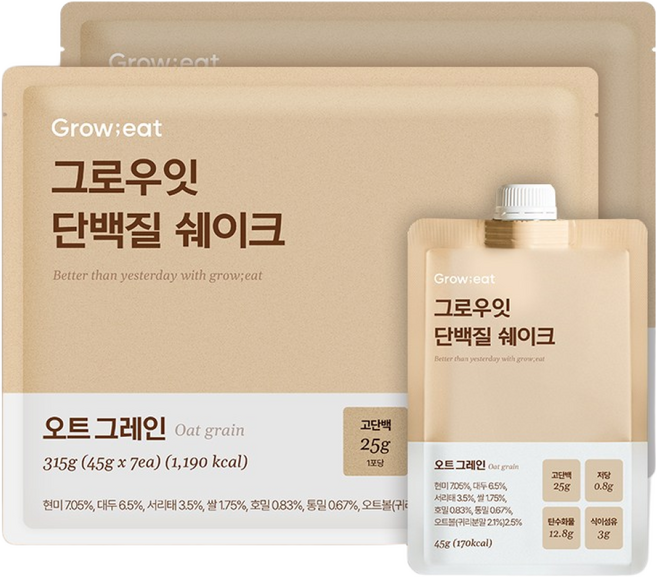 그로우잇 단백질 쉐이크 파우치 저당 식사대용 오트그레인 25g, 2팩(14개입)