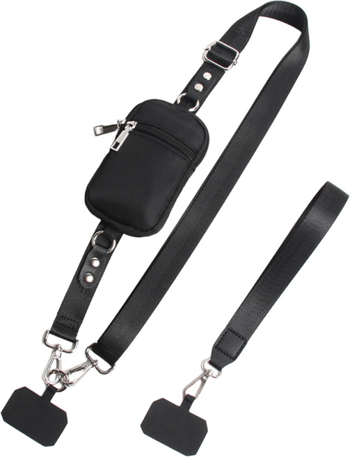 비앤씨 모던시크 넓은끈 휴대폰 스트랩 파우치 세트 길이조절 다용도 핸드폰스트랩 크로스 손목 2IN1 스트랩, 시크 블랙, 1세트