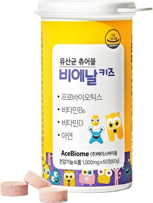 에이스바이옴 비에날 키즈 유산균 츄어블 60g, 60정, 2개 - 쿠팡