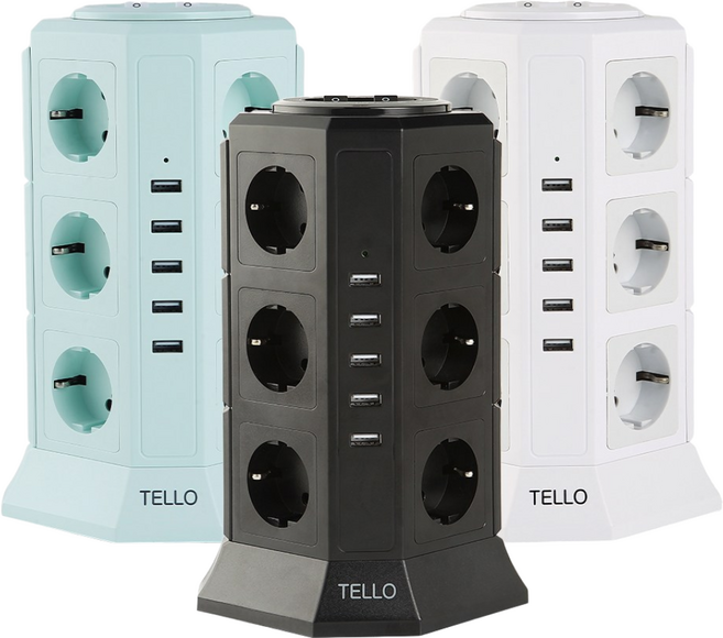 (베이직)텔로 과부하차단 USB 타워 멀티탭 서지 차단 17구 인테리어 사무실 책상 다용도 KC인증 예쁜 디자인 멀티 콘센트, 2m, 1개