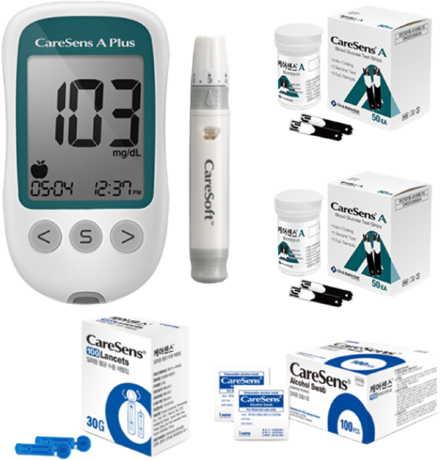 아이센스 케어센스 A 에이 혈당측정기 풀세트 (기계세트+채혈기+시험지110+침110+솜100+혈당수첩+건전지) SW, 1개