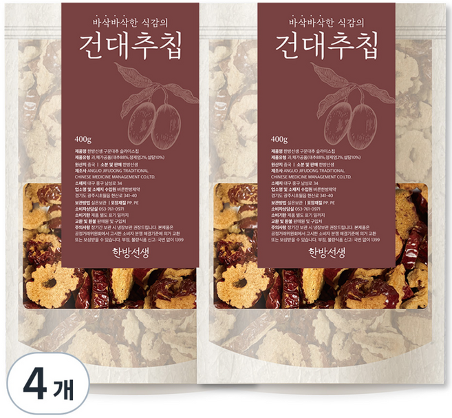 한방선생 구운대추 슬라이스 칩, 400g, 4개