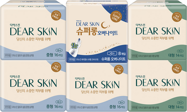 디어스킨 에어엠보 생리대 날개형 중형 16p 3팩 + 대형 14p 2팩 + 슈퍼롱 8p, 2세트, 기타