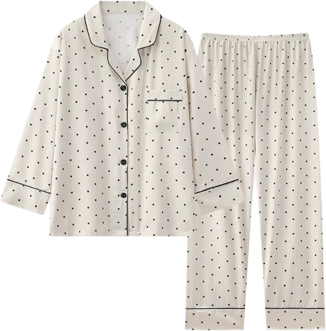 [블랑커브]도트 실크 카라 여성 잠옷세트 파자마 홈웨어 (긴팔+긴바지)