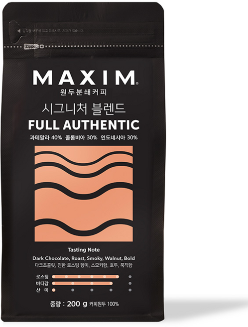 맥심 원두분쇄커피 시그니처 블렌드 풀 어센틱, 커피메이커, 200g, 1개