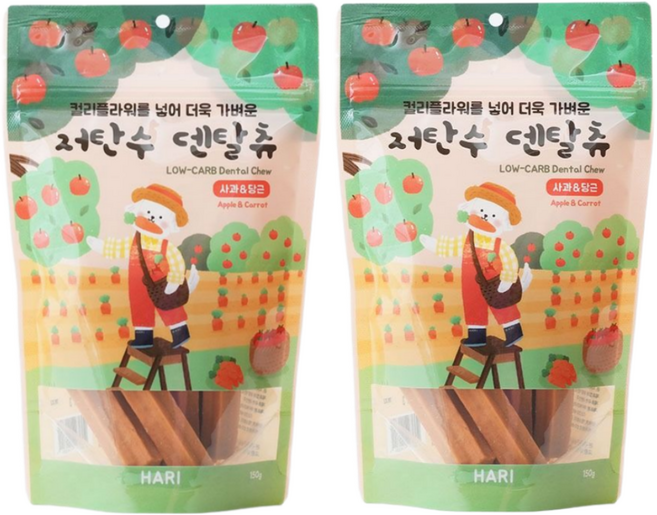 하리 저탄수 덴탈츄 강아지껌 사과&당근 (눈 건강+장 건강), 2팩, 150g