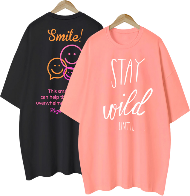 엠제이스타 1+1 여성 이모티콘 언틸 여름 반팔 루즈핏 롱 프린팅 티셔츠 2P