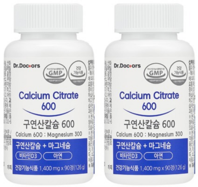 닥터닥터스 구연산 칼슘 600 플러스 마그네슘 플러스 아연 비타민D, 90정, 2개