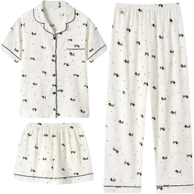 블랑커브 구름면 여성 반팔 잠옷 3피스 세트 여름 홈웨어 체크 파자마 긴바지 반바지 세트