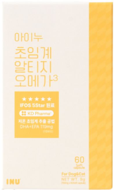아이누초임계알티지오메가3 60캡슐 80%순도 강아지 고양이 관절 피부 눈, 60정, 오메가3, 1개