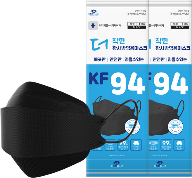 더착한 3D 황사방역용 KF94 미세먼지 황사마스크 1매입, 블랙, 1250개