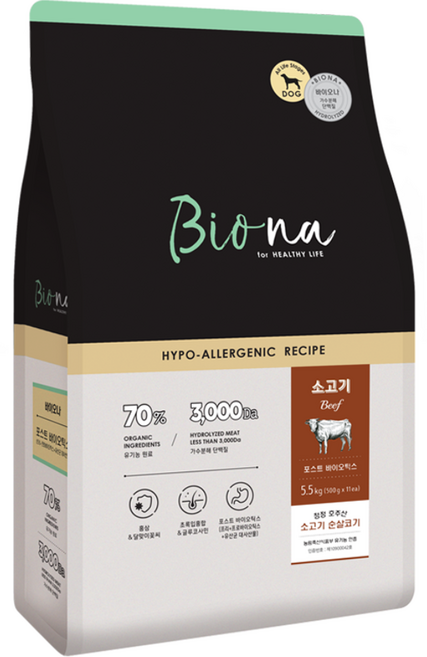 바이오나 유기농 70% 가수분해 소고기 건식 사료, 가수분해소, 5.5kg, 1개