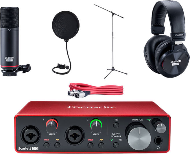 [홈레코딩세트] 포커스라이트 Scarlett 2i2 studio 스칼렛 2i2 스튜디오 3세대+팝필터+롱 마이크 스탠드 오디오 인터페이스 패키지