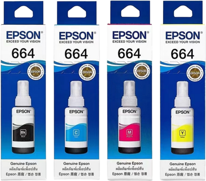 엡손 정품잉크 T664 T664670 검정색 EPSON 664 잉크 L210 L300 L355 L360 L361 L365 L380 L385 L455 L485 L555 L565, 검정, 청록, 노랑, 진홍, 1개