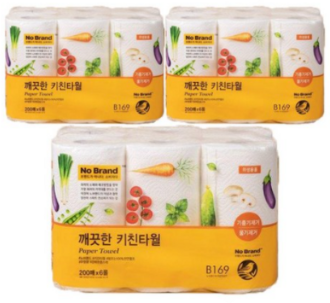 노브랜드 깨끗한 키친타월 200매 x 6롤, 18개