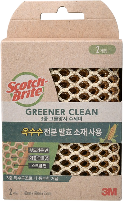 [3M]그리너클린 옥수수 3중 그물망사 수세미, 1개, 2개입
