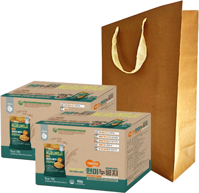 [선물포장]기능성 식이섬유 황금누룽지 60g 10봉 2박스 간편한 1인분 개별포장 여행용 포켓누룽지 해외여행 필수템, 현미누룽지 2Box(쇼핑백), 20개