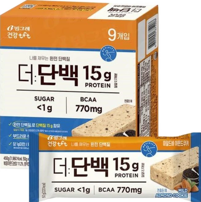 빙그레 tft 더단백 마일드바 아몬드쿠키 9p, 50g, 18개 - 쿠팡